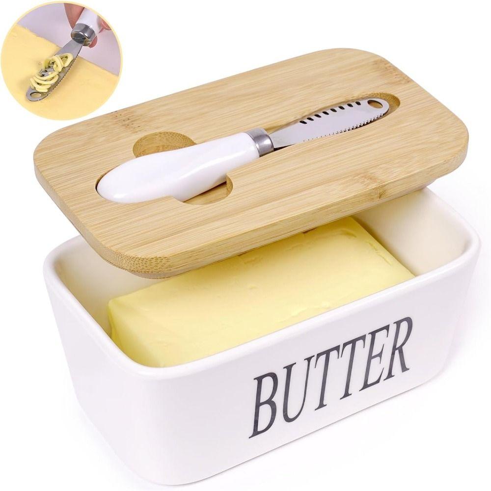 High-quality Ceramic Butter Box with Round Wooden Covers Porcelain Butter Holder Household