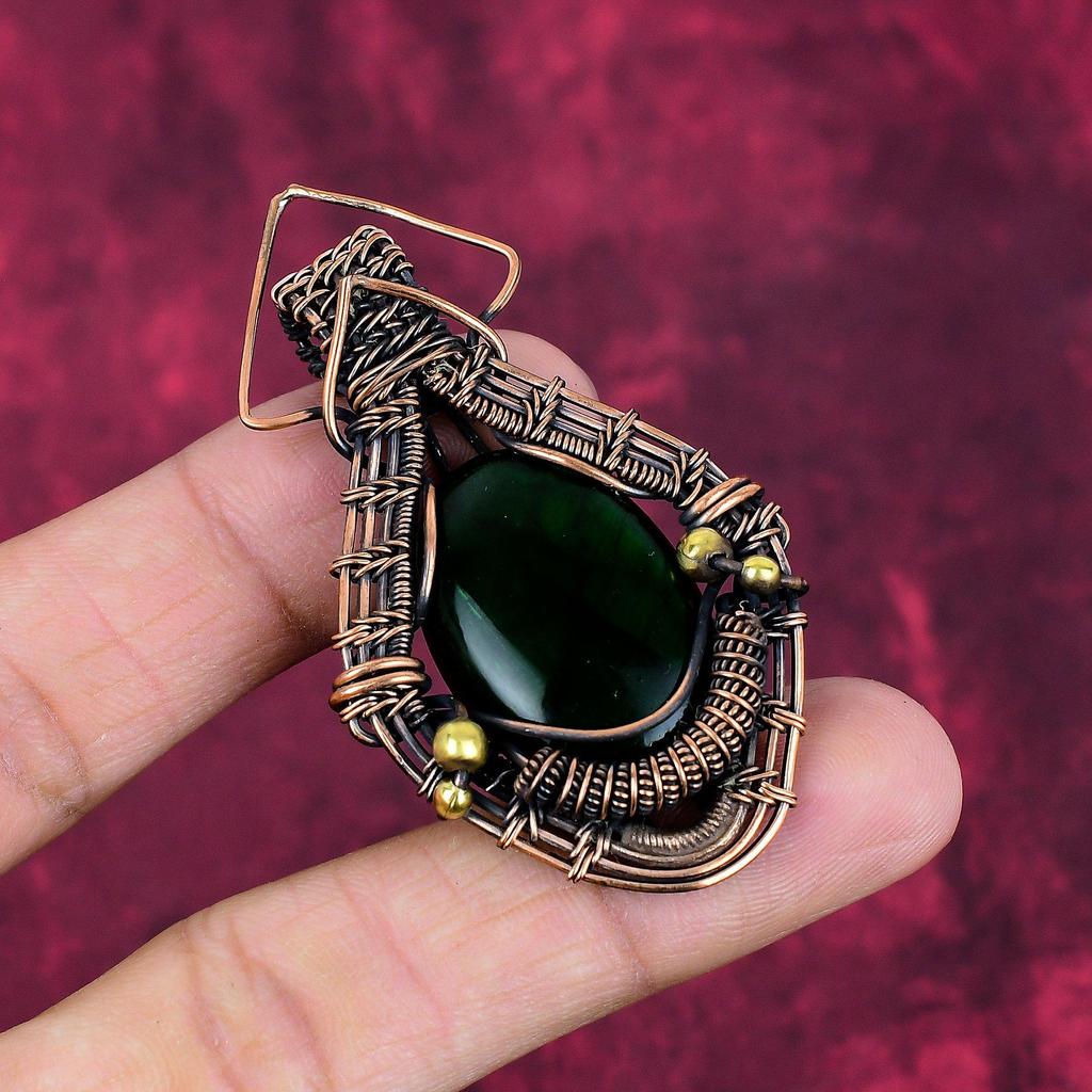 Green Fire Labradorite Gemstone Pendant Copper Wire Wrapped Handmade Jewelry