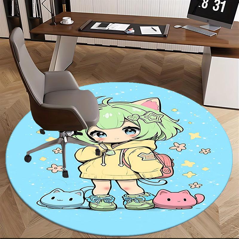 1pc Anime Cat Round Carpet  Office Chair Mat, NonSlip Rug for Home Decor, Seasonal Gift, Suitable for Office