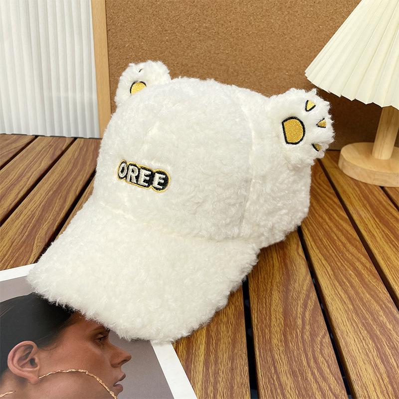 

New Hat Women s Winter Cute Bear Baseball Cap Korean Style Trendy Versatile Warm and Face Friendly Lambswool Duck Cap