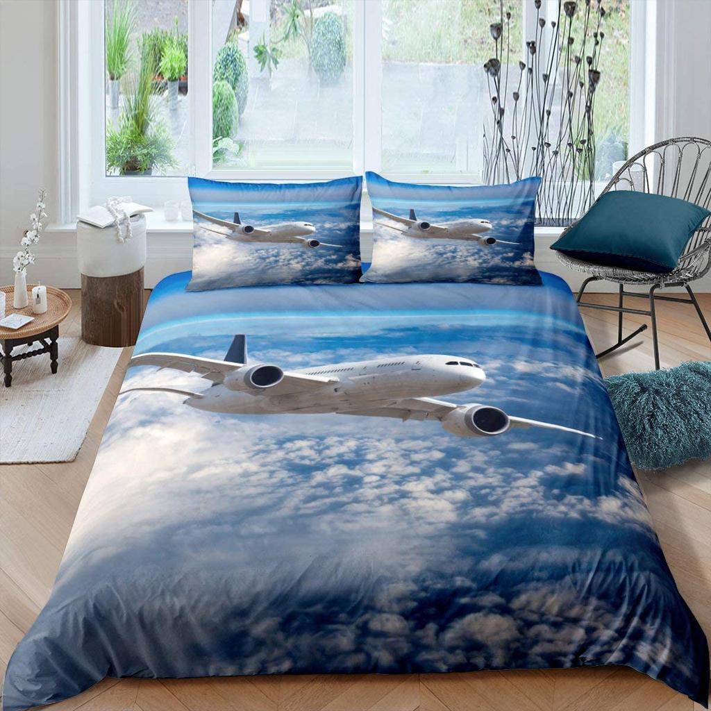 Flygplan Påslakanset Himmel Moln Polyester Täcke Överdrag För Barn Tonåringar Vuxna Sängkläder Set King Queen Storlek Med Örngott