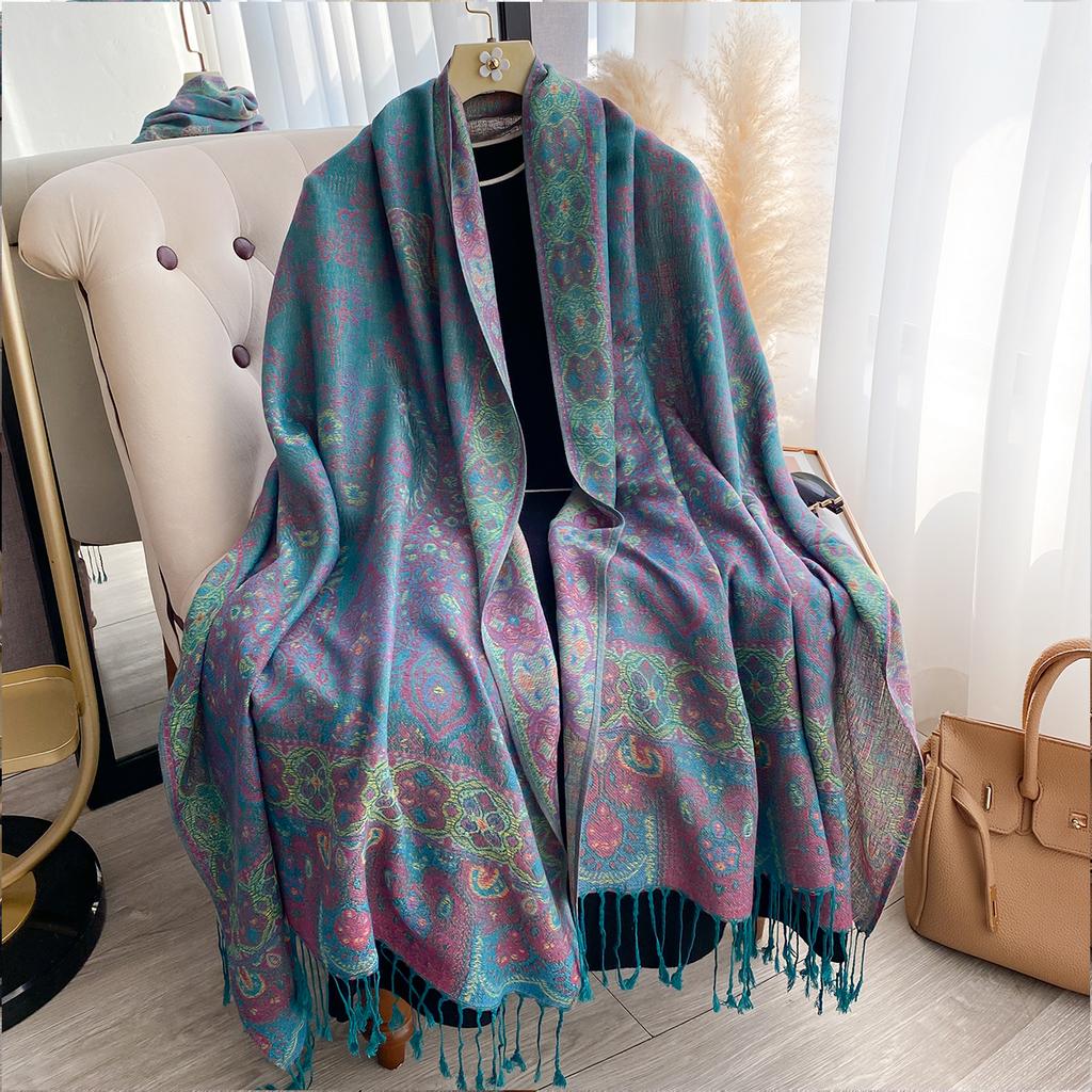 Fashion Winter Cashmere Shawl For Women - Tasseled Vintage Floral Printed Oil Painting Style Pashmina Thick Scarf