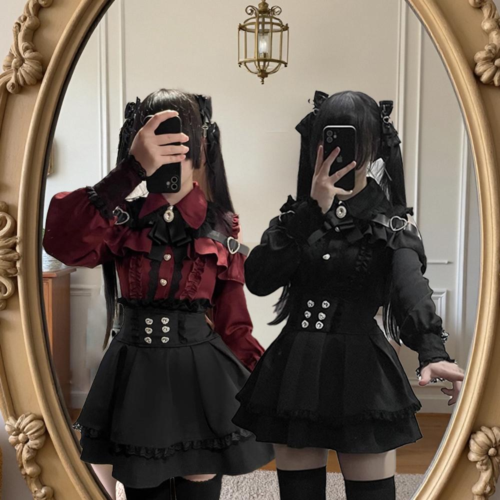 Lolita Jirai Kei Cosplay Costume Y2k Kawaii Sexy Lace Off Shoulder Shirt Gothic Ruffle Mini Skirts Anime Sweet Lady Style Outfit