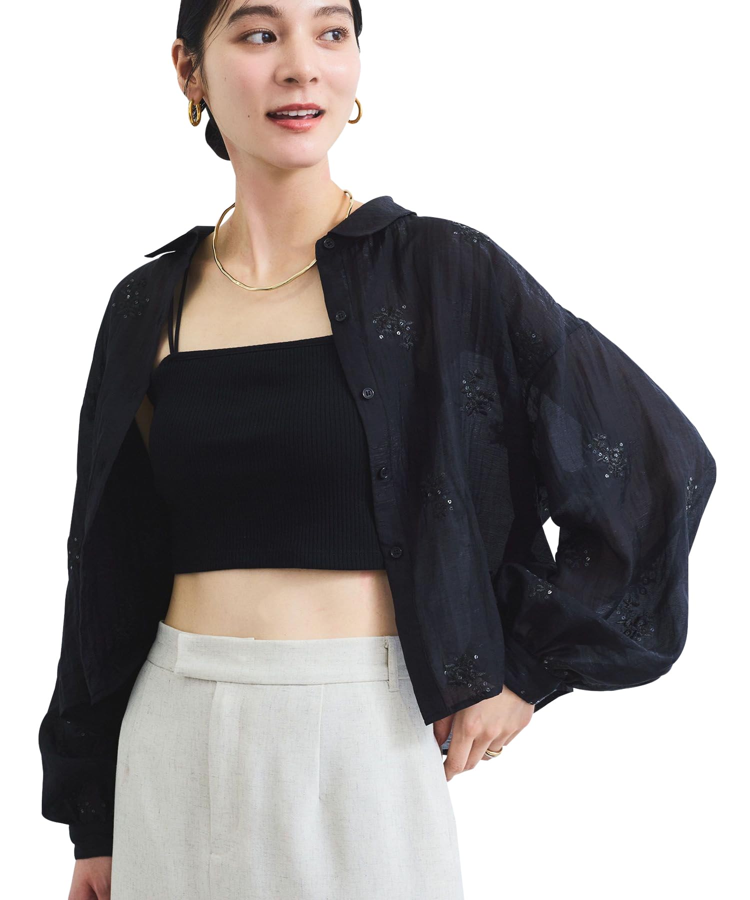 

Blouse Floral Embroidered Shiny Sheer Blouse for Black [BIS] [WEB Exclusive] Women, (02)