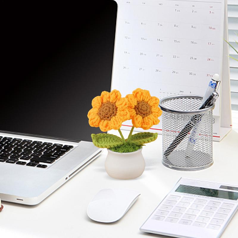 Sunflower Hand Woven Potted Creative Wool Knitting Flower Sunflower Decorations Sunflower Knitted Flower Crochet Decor Gift