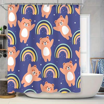 Delightful Bears Rainbows Shower Curtain Blue Background With Fluffy Animals Bathroom Decor For Kids Room Waterproof Fabric Easy