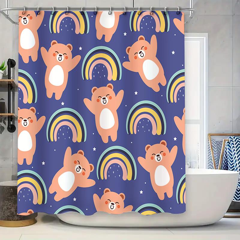 

Delightful Bears Rainbows Shower Curtain Blue Background With Fluffy Animals Bathroom Decor For Kids Room Waterproof Fabric Easy W60H190(CM)-1 Pcs