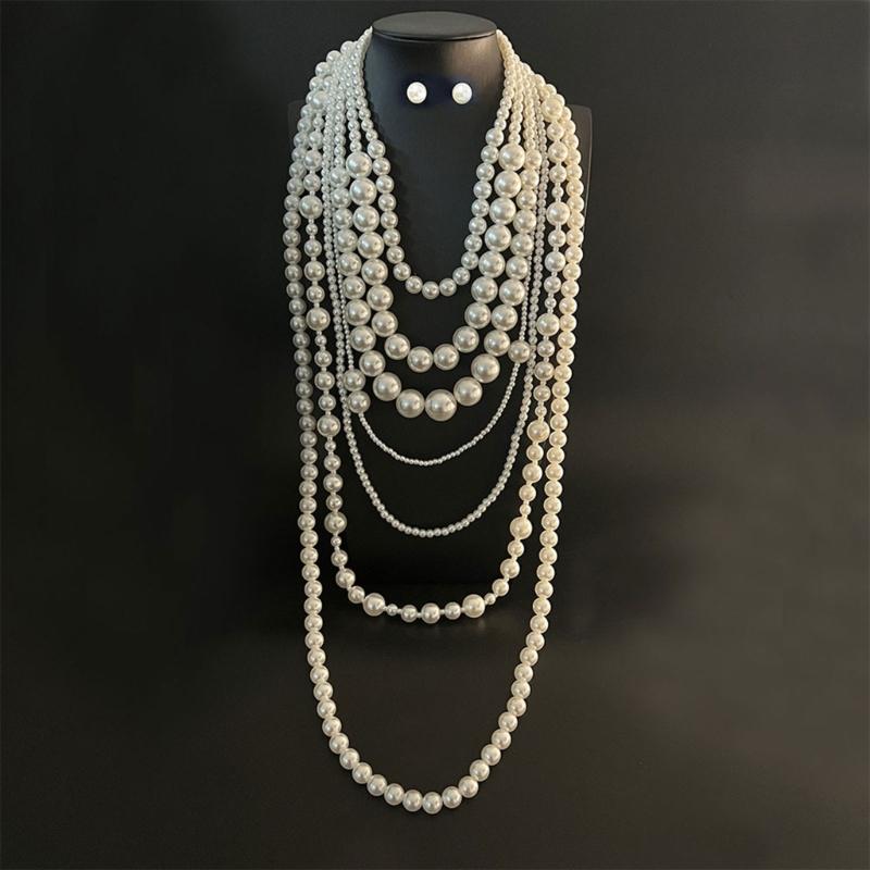 Elegant Multi Strand Imitation Pearls Chokers Necklace With Matching Stud Earrings Gift Set Vintage Fashion Stone Jewelry