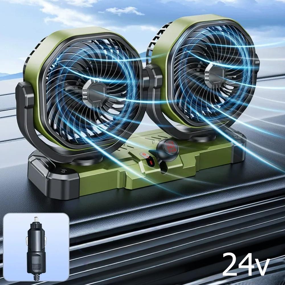Car Cooling Dual Head Electric Fan With 24V Ultra Long Endurance Automatic Shaking And Manual Gear Shifting Fan