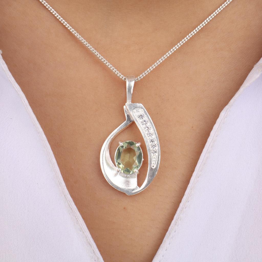 Green Amethyst Gemstone 925 Sterling Silver Women's Jewelry Designer Zircon Pendant 1.4" Gift For Wife CZP-16-8