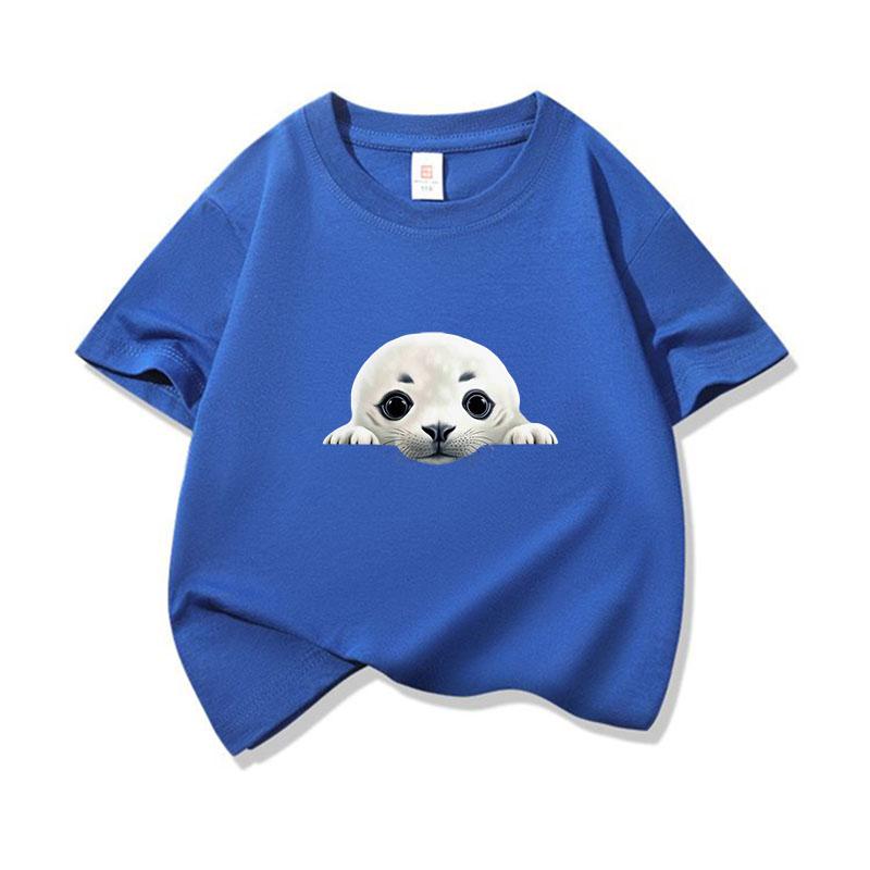 Kids Cotton T Shirt Cute Peeking Seal Print Crew Neck Short Sleeve Tee Casual Breathable Boys Girls Summer Tops