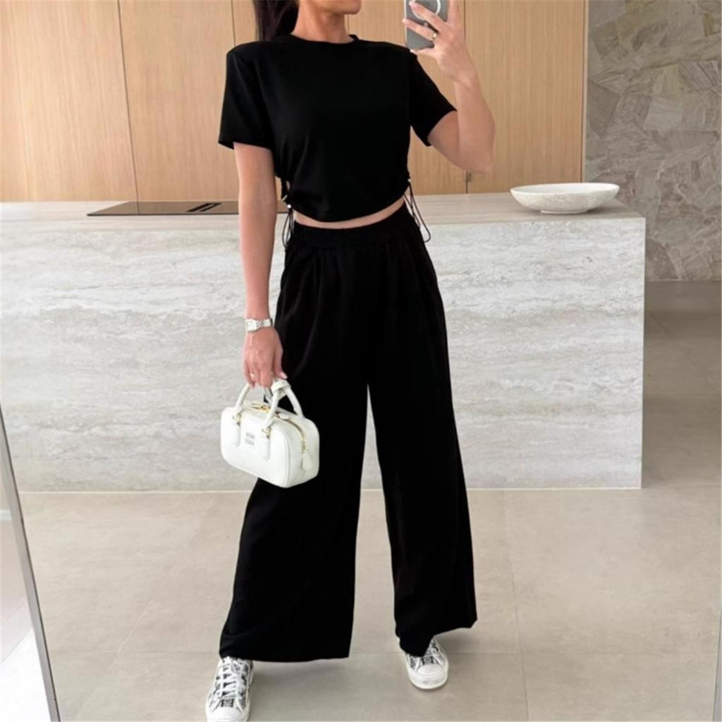 Lato Nowa Moda Casual Jednolity Kolor Garnitur T-shirt Szerokie Nogawki Spodnie Zestaw Dwuczęściowy Dla Kobiet