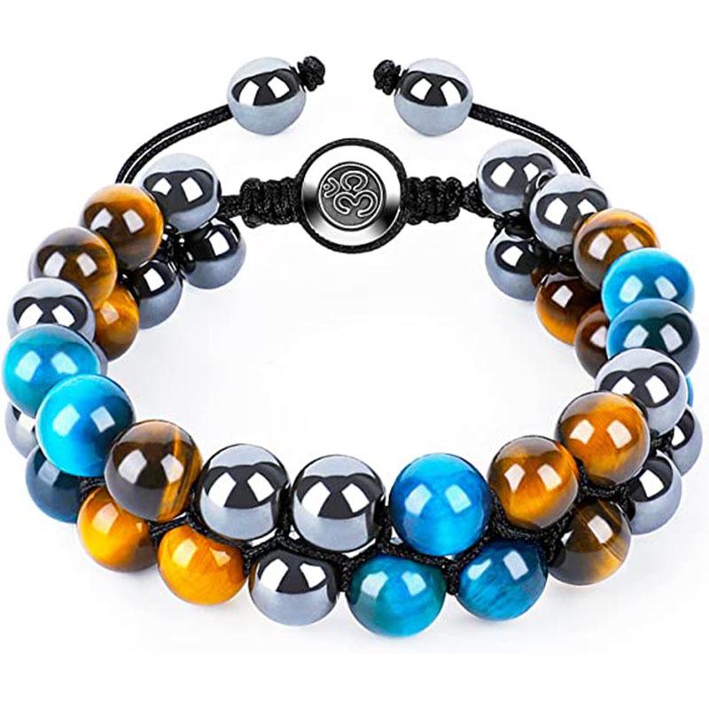 8MM Blue Tiger's Eye Black Magnet Bracelet Double Layer Handwoven Black Agate Double Row Bracelet Men's