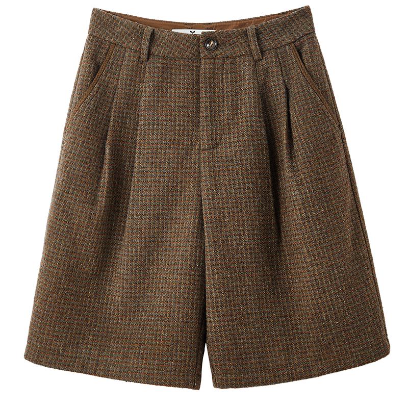 Xiangying Women s British Style Plaid Wool Blend High-Waist Shorts S