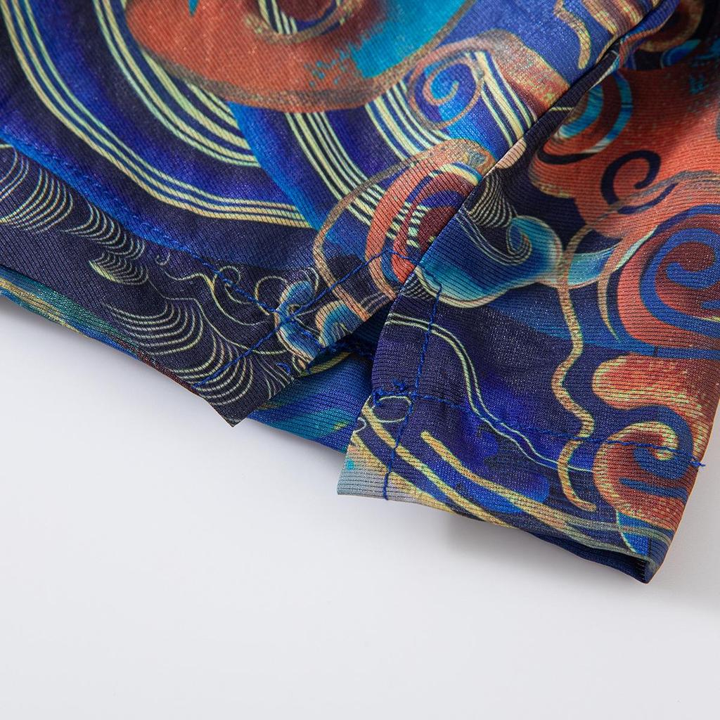 Trendy Summer Retro Chinese Stand-Collar Shirt with Frog Button Print for Boys