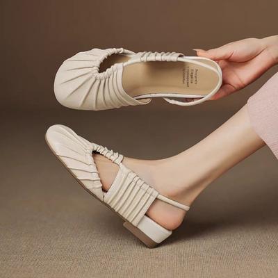 Autumn New Baotou Sandals Women's Fashion Round Toe Shallow Mouth Pleated Cover Foot Soft Sole Non-slip Flat Shoes