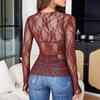 Women Tops Mock Collar Long Sleeve Slim Fit Blouses Sexy See-through Floral Embroidered Lace Mesh Shirt
