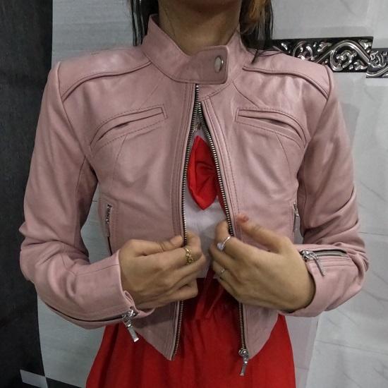 Noora Women's Lambskin Leather Cropped Jacket, Biker Crop Style Punk, Street, Club & Party wear Jacket BABYPINK