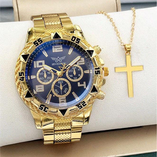 Watch, Men S Watch Fake Three-Eye Casual Steel Belt Watch, Alloy Fashion Men S Watch Necklace Set