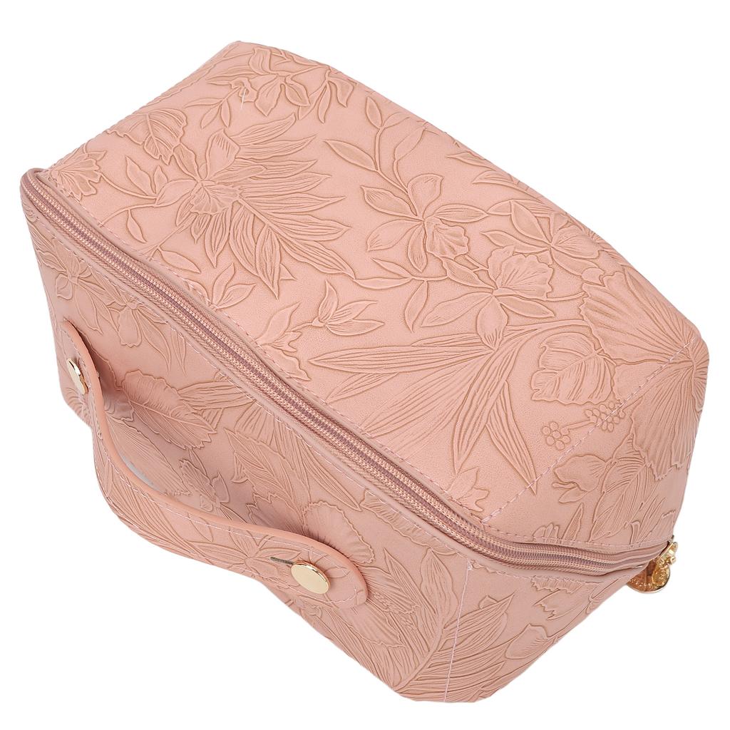Make Up Cosmetic Bag PU Leather 180 Degree Opening Large Capacity Multi Functional Divider Flat Makeup Bag Pink