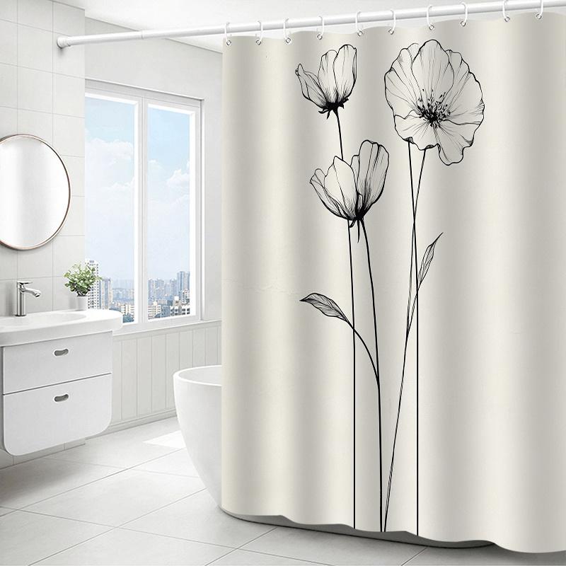 Floral Shower Curtain, Artistic Black & White Flowers, Polyester, Machine Washable with Hooks