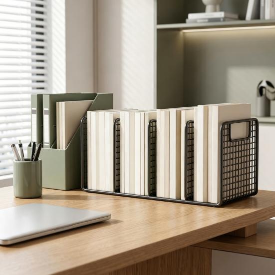 Iron Bookshelf with 4-Grid Organizer Thick Iron Anti-Rust Durable Book Storage Rack for Office Documents