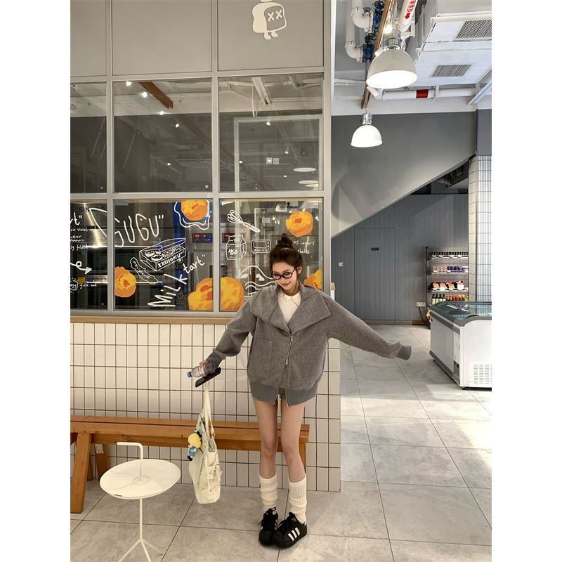 Kumikumi Stylish Gray Double Zipper Long Sleeves Sweaters Women's Clothing Fall Retro Casual Loose-Fitting Coat Top