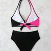 Women's Pink Black Color Block Halter Bikini Set Wrap Front High Waist Two Piece Swimsuit
