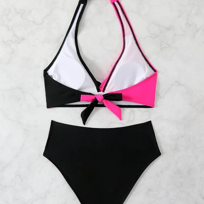 Women's Pink Black Color Block Halter Bikini Set Wrap Front High Waist Two Piece Swimsuit
