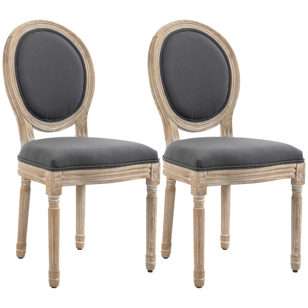 Dining Chairs, Set of 2, Louis XVI Medallion, Linen-Effect Upholstered Seat and Back, Grey