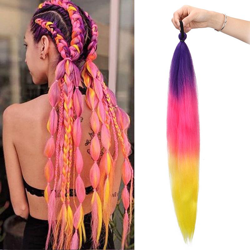 26-inch Synthetische Lange Rechte Vlecht Paardenstaart Haarverlenging Kleurverloop Elastisch Elastiek Haarstukje voor Vrouwen Cosplay pink