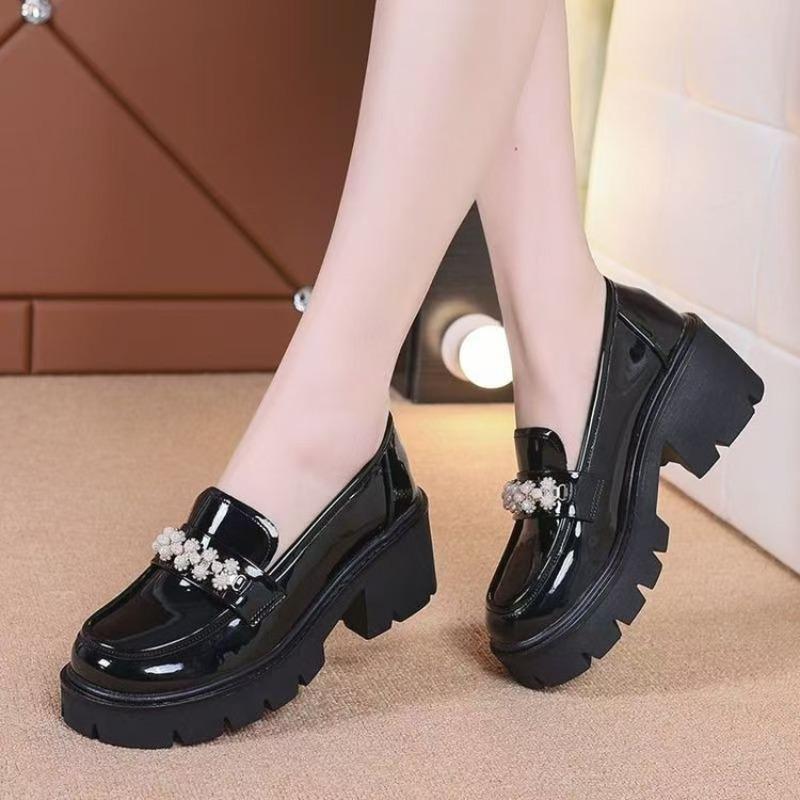 Women's Autumn New Women's Shoes Platform Thick Heel Small Leather Shoes One Pedal Mary Jane Big Head Leather Shoes