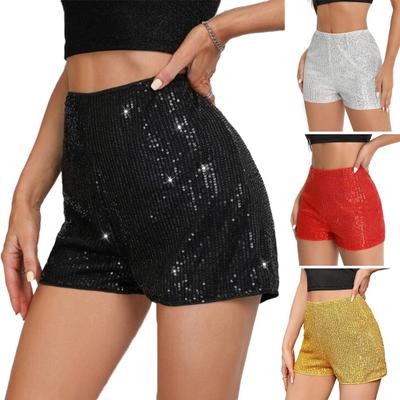 Women Shorts High Elastic Waist Shiny Sequin Solid Color Straight Slim Fit Soft Above Knee