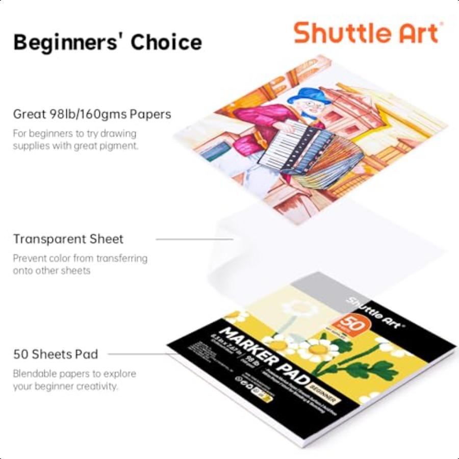 

Блокнот для маркеров Shuttle Art 8.3x7.67 Портативный квадратный скетчбук 50 листов Бумага для рисования маркерами 98 фунтов 160 г/м² Гладкая поверхность Непромокаемая United States
