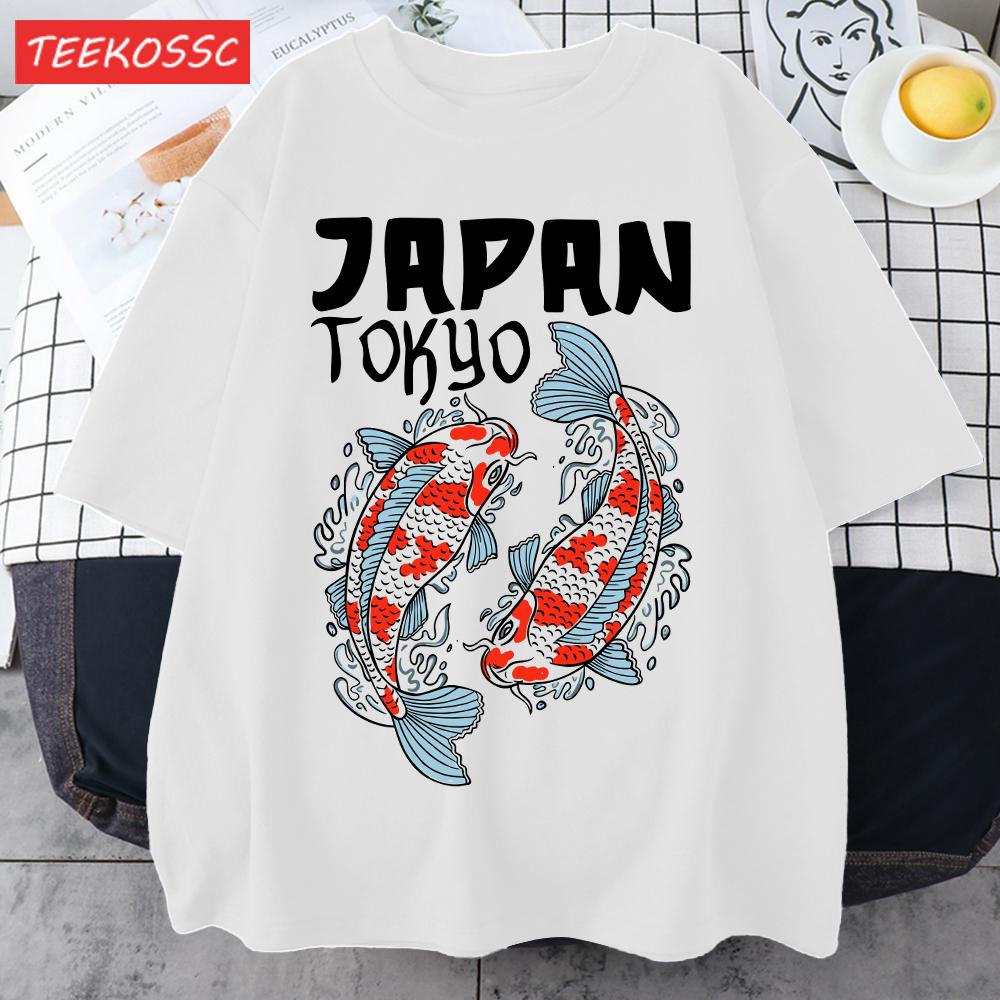 Harajuku Japan Tokyo Koi Print Man TShirt Summer New Loose Short Sleeve ONeck Cotton T Shirts Trendy Unisex AllMatch Clothes
