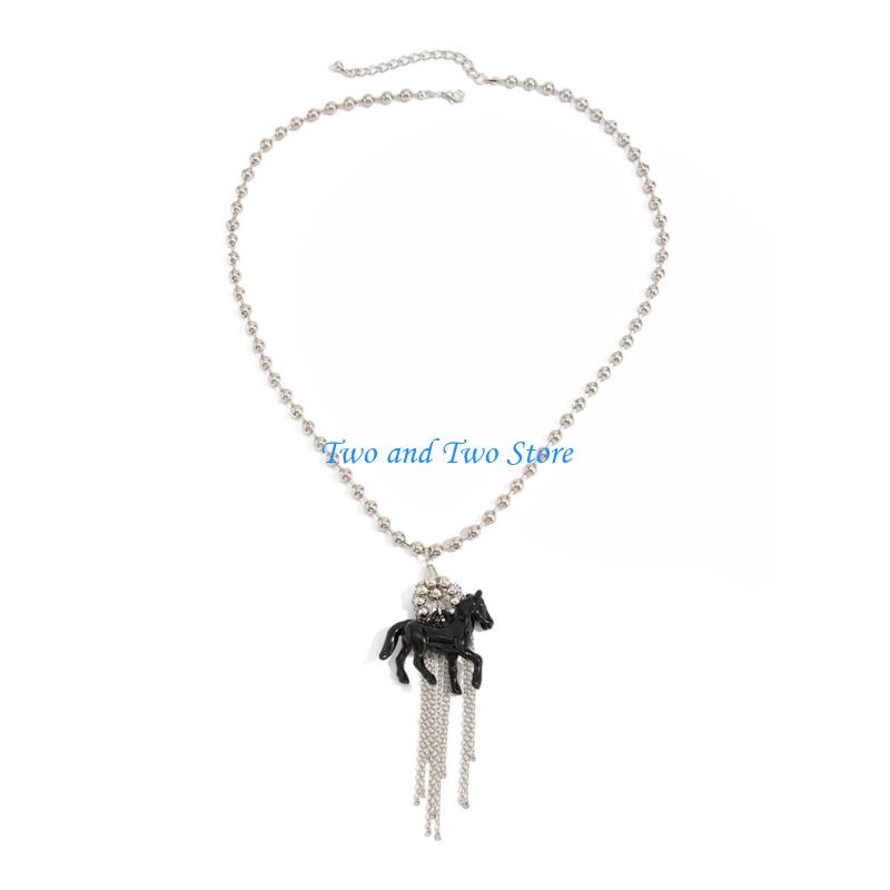 HX6F Playful Horse Pendant Necklace With Elegant Tassels Detail Great Gift For Her Round Bead Neck Chain Jewelry