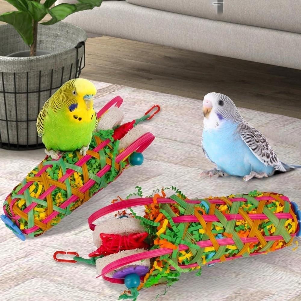 New Colored Bird Chewing Toys Fun Foraging Large Parrot Chew Toy Loofah Material Interactive Rattan Parrot Toy Cage Decoration