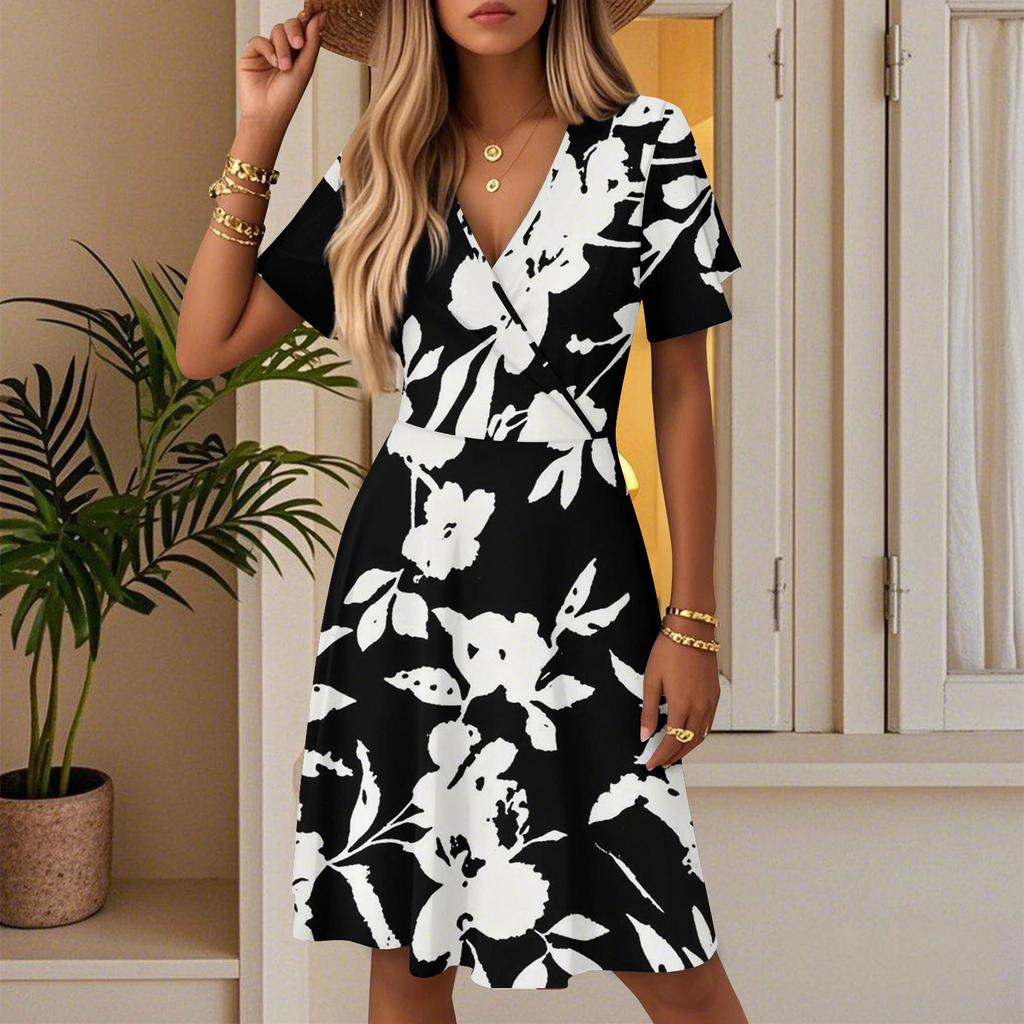 Women's Casual Fashion Dress Vintage Floral Floral Short Sleeve V-neck Dress