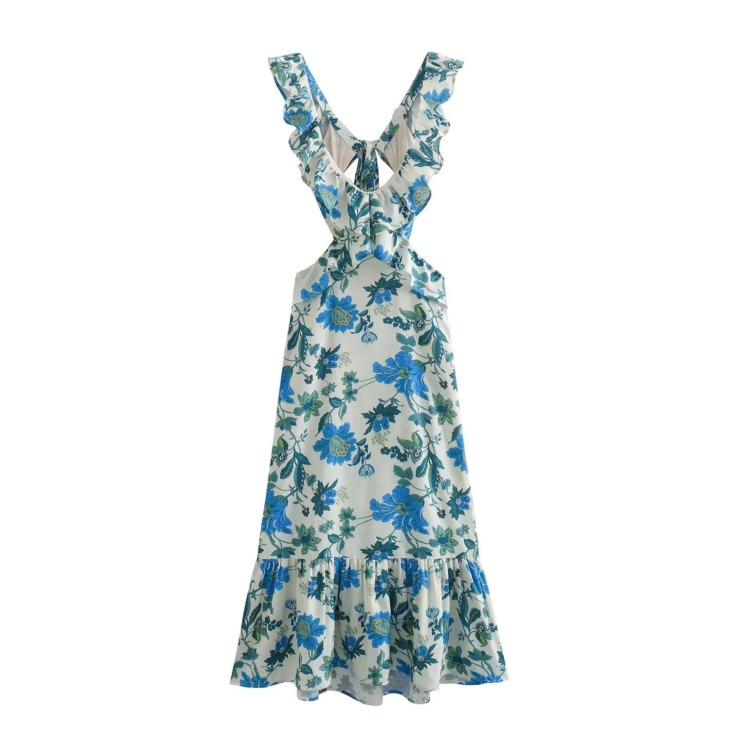 

Women s Floral Print V-Neck Maxi Dress with Ruffles, Summer Beach Vacation Dress L небо синє кольору