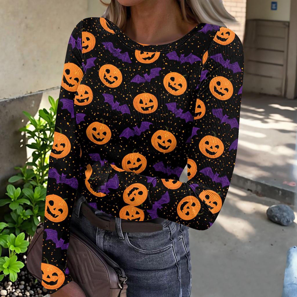 Women's Casual Ribbed Long Sleeve Top Halloween Print Round Neck Slim Fit Stretchy Knit Shirt for Fall Seasonal Wear