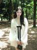 Women's French Style V-Neck Bow Patchwork Pleated Dress - White Long Sleeve Slim Fit Mini Skirt for Autumn