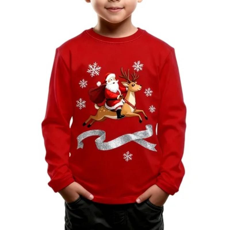 Children's Christmas Reindeer Print T-shirt Boys Cute Round Neck Long Sleeved Soft Comfortable Top