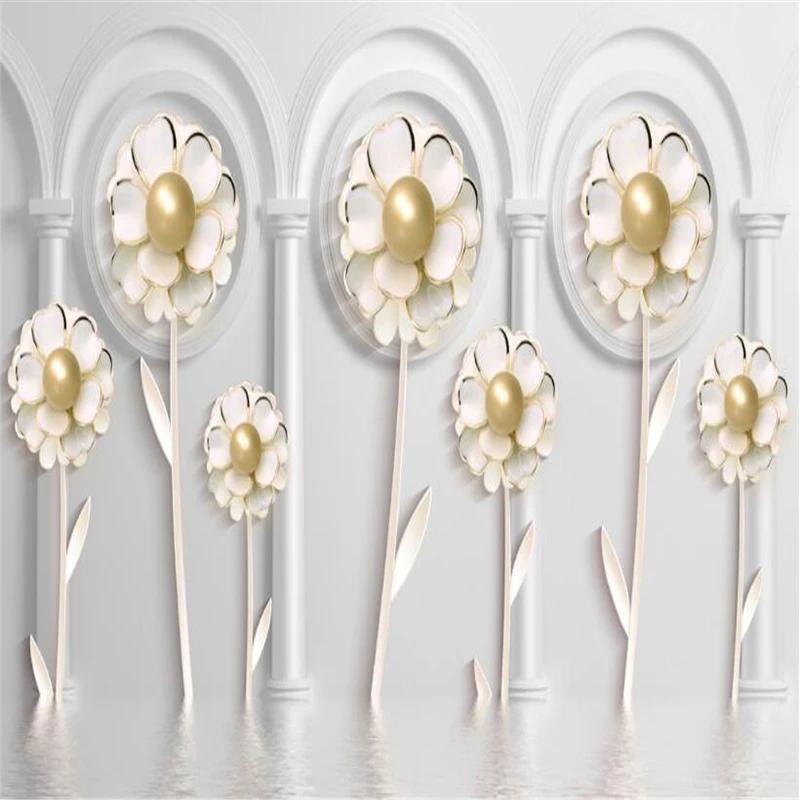 White Jewelry Floral Wallpaper European Roman Column Mural Simple Pearl Jewelry Flower 3d Wallpaper