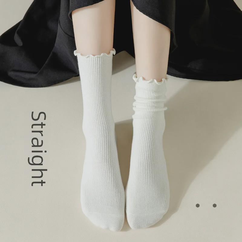 Women's Mid-Tube Wood Ear Edge Socks - Summer Thin Black & White Long Socks for Loafers