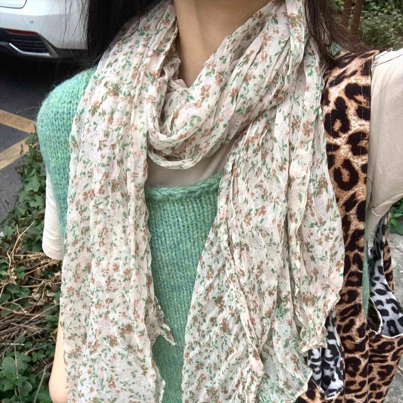 Floral Cotton and Linen Scarf for Women Thin Design Korean Style Atmosphere Retro Artistic Pleated Scarf Versatile Shawl