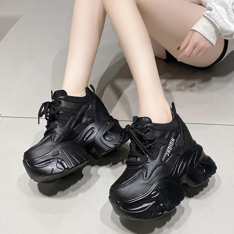 Móda 10,5CM Dámské Kožené Robustní Tenisky Nový Podzim Skryté Podpatky Ležérní Sportovní Dad Shoes Silná Podrážka Platforma Prodyšné Tenisky Žena