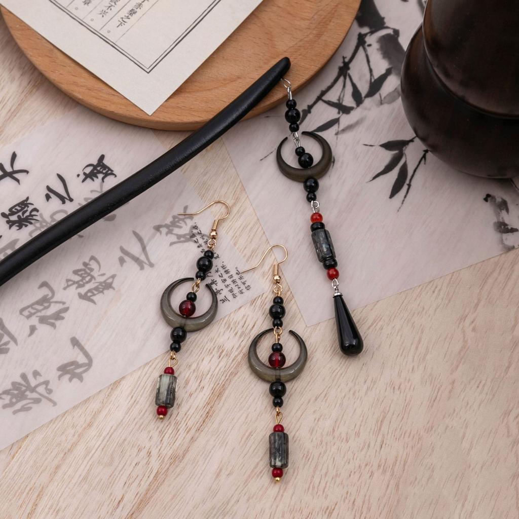 Chinese Style Wooden Ancient Style Water Drop Tassel Step Tassel Hairpin Chinese Style Niche Crescent Moon Round Bead Cheongsam Chinese Dress Earrings