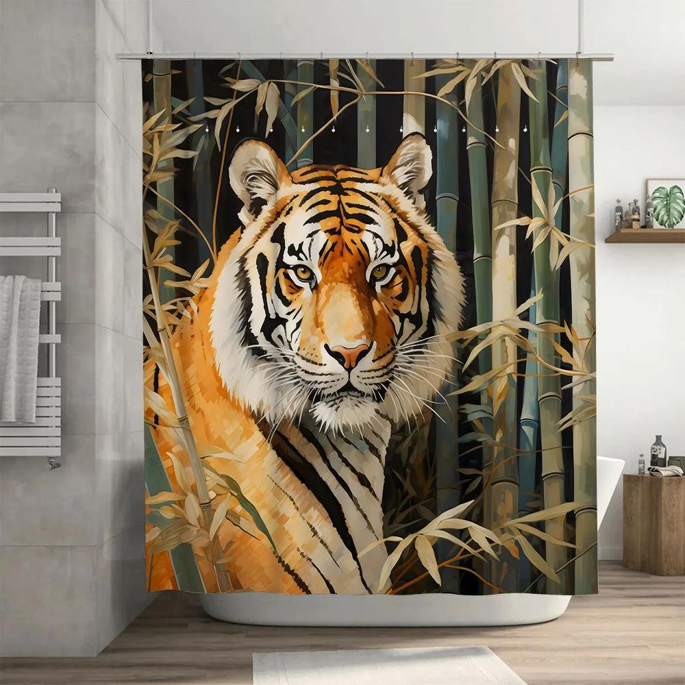Artistic Tiger Shower Curtain Bamboo Forest Design for Bathroom Decorations Modern Animal Print Home Decoration Waterproof Fabri