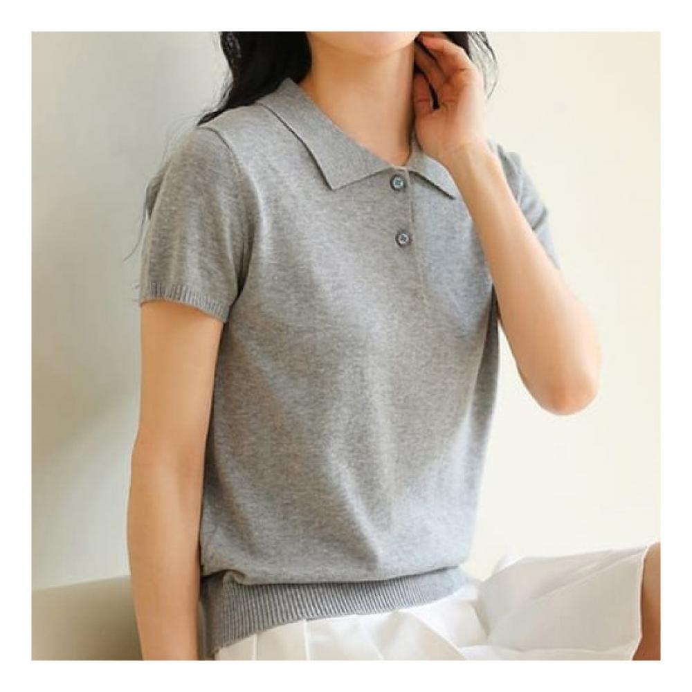 Navava Simple Daily Solid Color Collared Short Sleeve Knit Nk2008