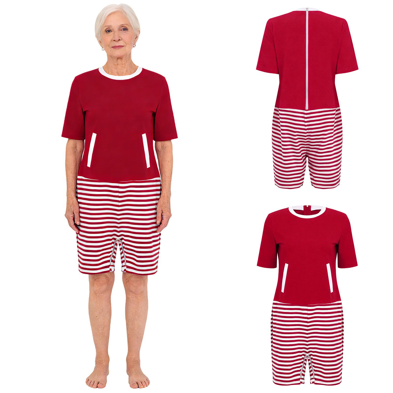 

S-XXL Women’s Nursing Romper Back Zipper with Crotch Access Anti-strip Color Block Adaptive Jumpsuit for Alzheimer Dementia Special Needs S червоний